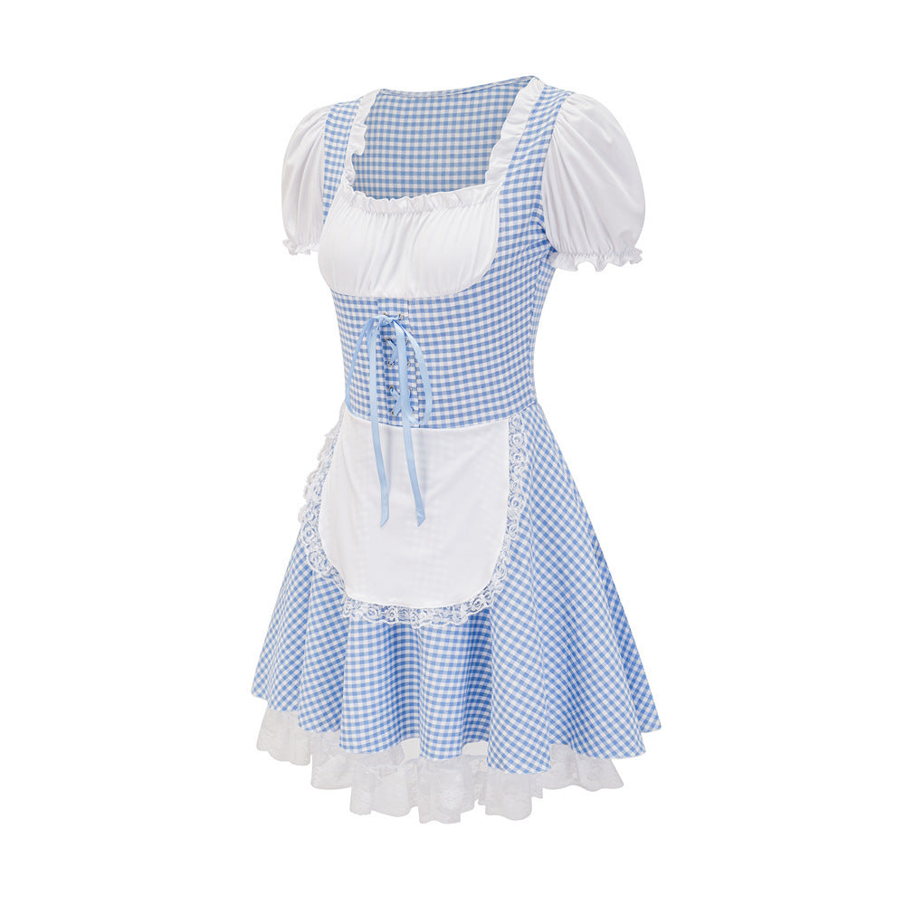 Damen Dirndlkleid mit traditionellem Karomuster und romantischen Rüschendetails EB