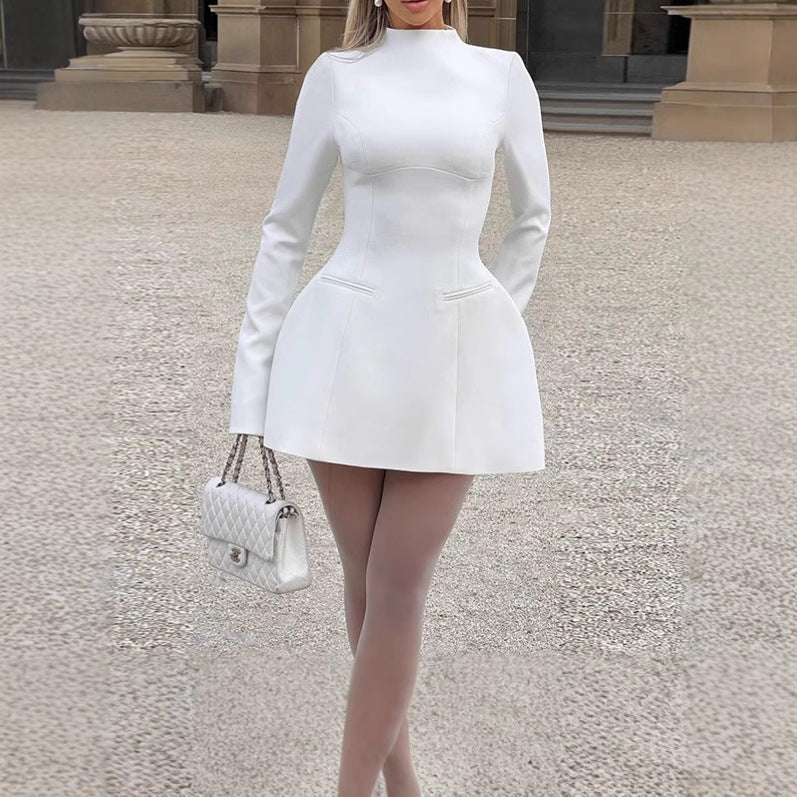 Damen Elegantes Mini-Kleid mit hochgeschlossenem Kragen und längeren Ärmeln EB