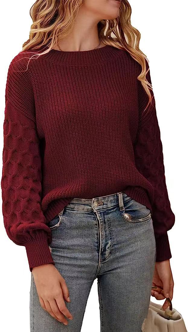 Damen modischer Strickpullover mit strukturierten Ärmeln und Rundhalsausschnitt EB