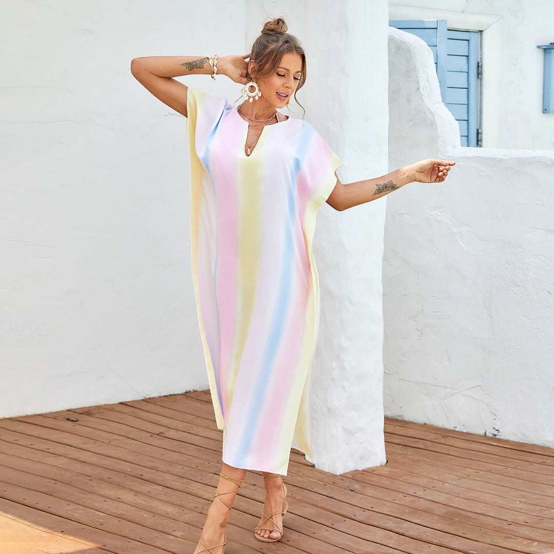 Damen lässiges Strandkleid mit V-Ausschnitt und luftigen Ärmeln EB