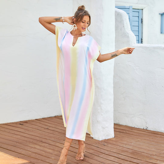 Damen lässiges Strandkleid mit V-Ausschnitt und luftigen Ärmeln EB