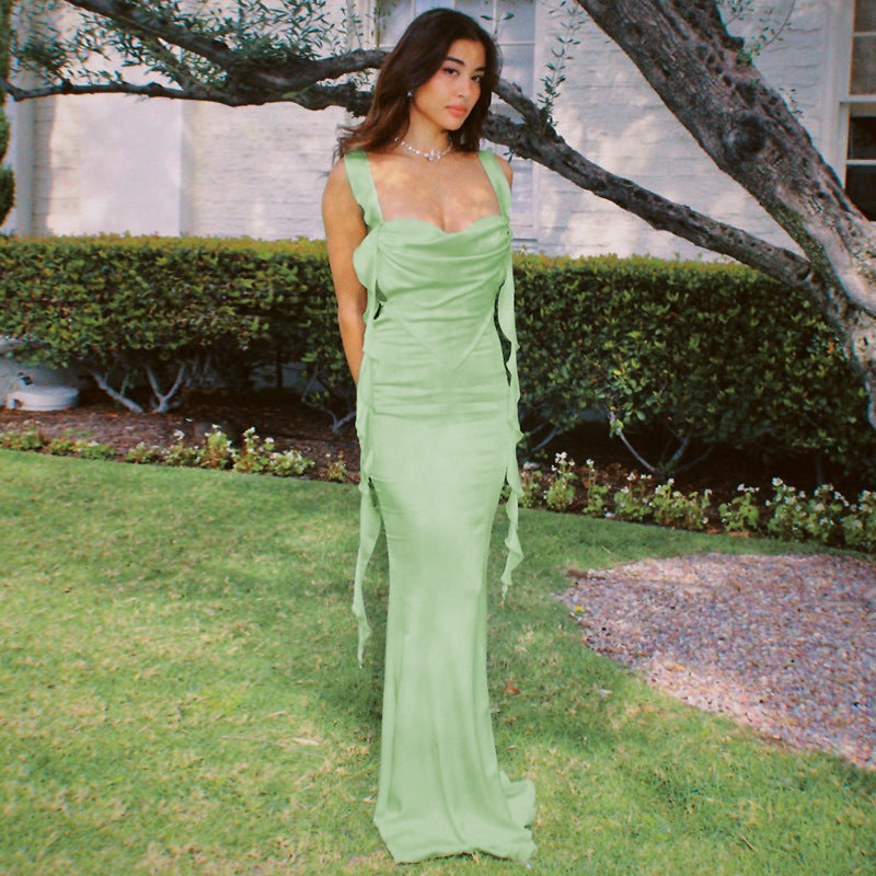Damen Elegantes Maxikleid mit drapierter Vorderseite und Rüschendetails EB