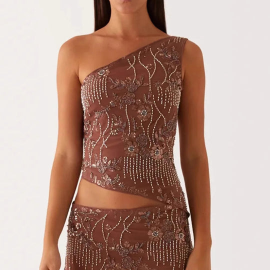 Damen asymmetrisches Oberteil mit floralem Strassdesign EB