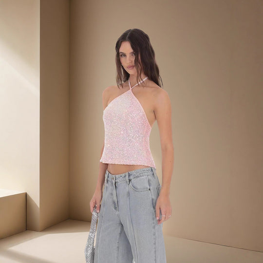 Damen Funkelndes Neckholder Top mit schimmernden Pailletten EB