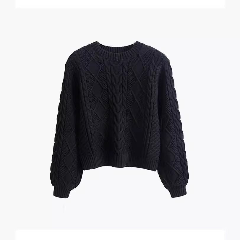 Damen Grobstrickpullover mit kreativem Zopfmuster und weit geschnittenen Ärmeln EB