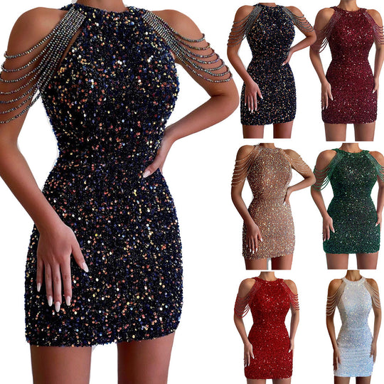Damen Mini-Kleid mit glänzender Paillettenverzierung und eleganten Kettenärmel EB