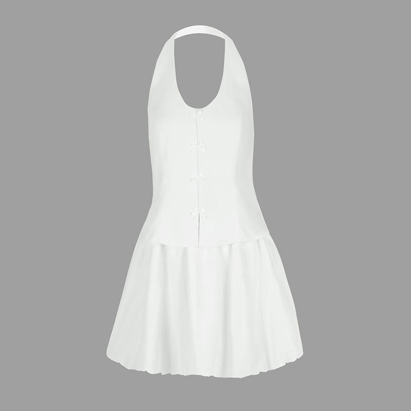 Damen Neckholder Kleid mit verspieltem Saum und raffinierten Knöpfen EB