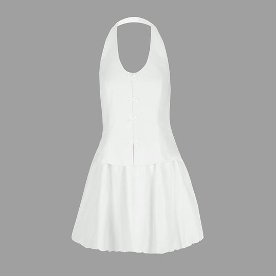 Damen Neckholder Kleid mit verspieltem Saum und raffinierten Knöpfen EB