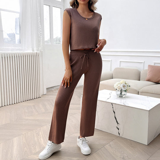 Damen Strick Zweiteiliges Set mit cropped Oberteil und weiter Hose EB