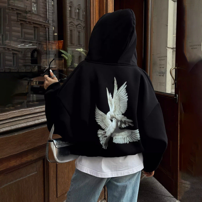 Damen Kapuzensweater mit kunstvollem Vogelmotiv und entspannter Passform EB