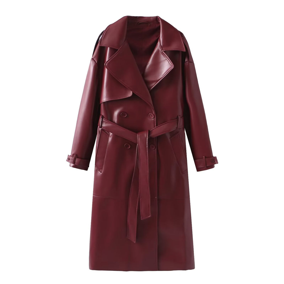 Damen Kunstleder-Trenchcoat mit modischem Schnitt und praktischen Taschen EB
