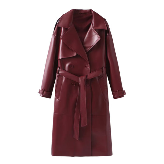 Damen Kunstleder-Trenchcoat mit modischem Schnitt und praktischen Taschen EB