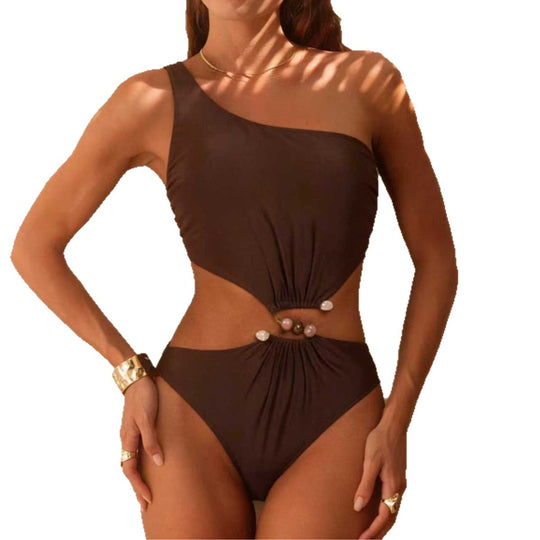 Damen asymmetrischer Cut-Out-Badeanzug mit Schmuckdetails EB