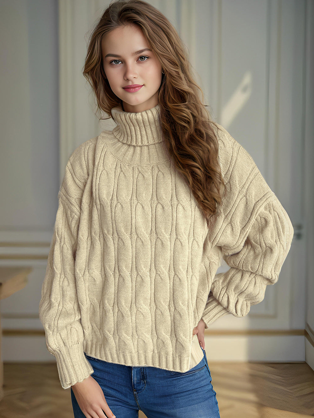 Damen Strickpullover mit hohem Kragen und strukturierter Zopfoptik EB