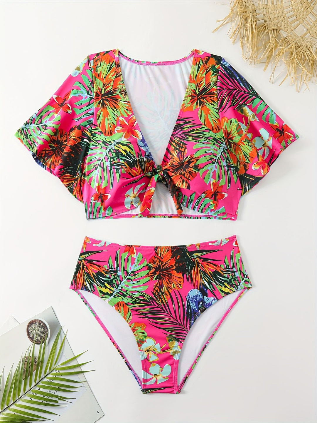 Damen Bikini-Set mit floralen Mustern und leichtem Überwurf EB