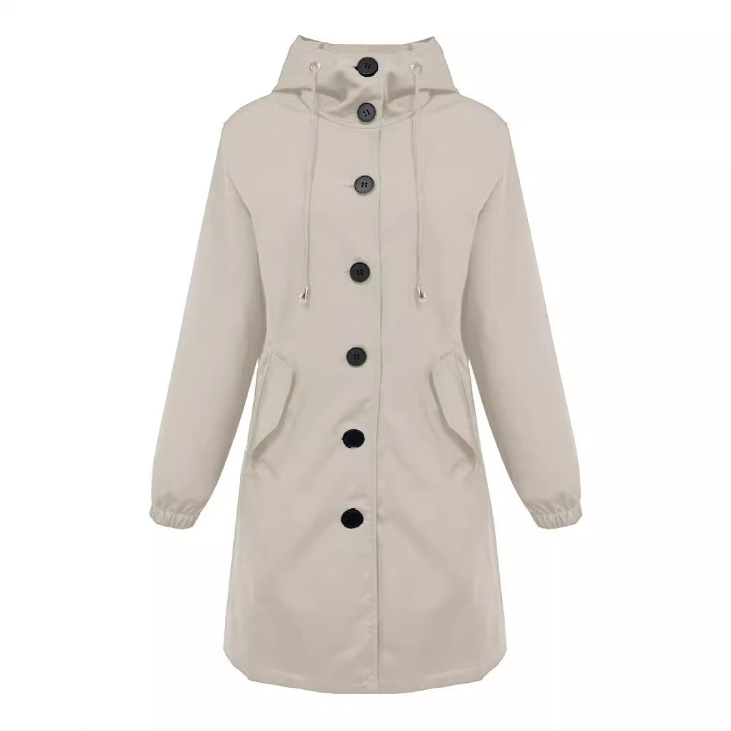 Damen nan leichter Regenparka mit Kapuze, überlanger Knopfleiste, Tunnelzug und aufgesetzten Taschen EB