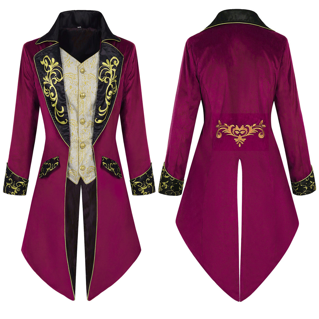 Herren nan eleganter Frackmantel im Barockstil mit goldbesticktem Revers und geteiltem Schwalbenschwanz Eb