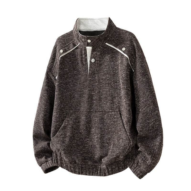 Herren strukturiertes Oversize-Sweatshirt mit Stehkragen, Druckknopfblende und Kängurutasche EB