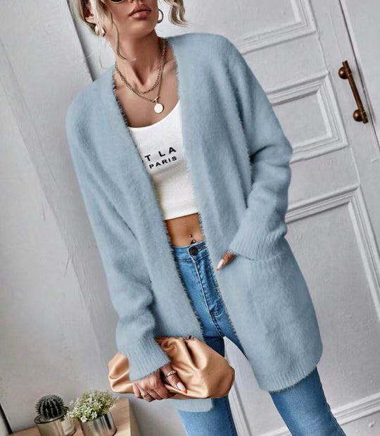 Damen Flauschiger Offener Cardigan aus weichem Material EB