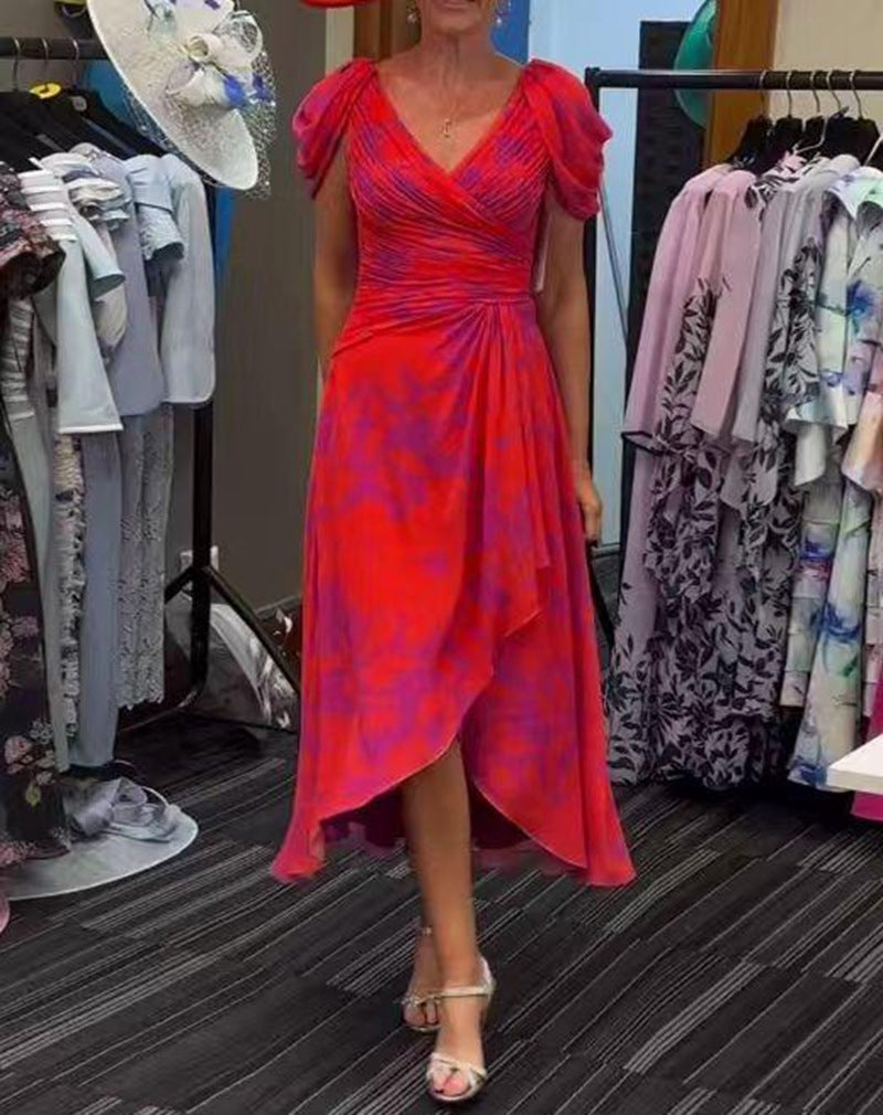 Damen nan festliches Chiffon-Midikleid mit gekreuztem V-Ausschnitt, taillenraffung und asymmetrischem Tulpenrock EB