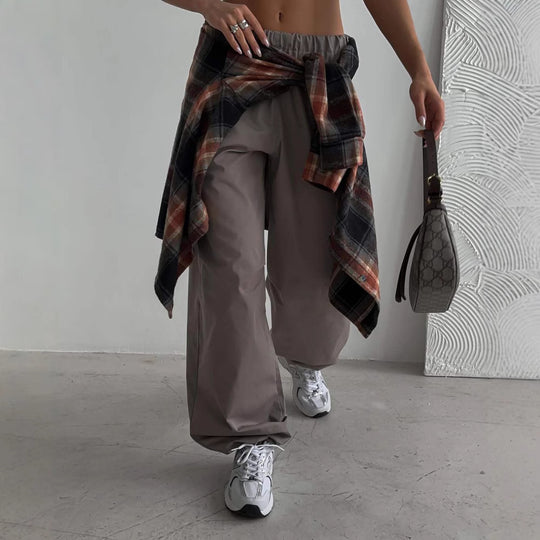 Damen weite hochgeschnittene Freizeithose mit elastischem Bund und tiefem Schritt EB
