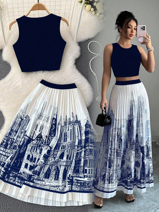 Damen-Set aus ärmellosem Crop-Top und weitschwingendem Maxirock im urbanen Design EB