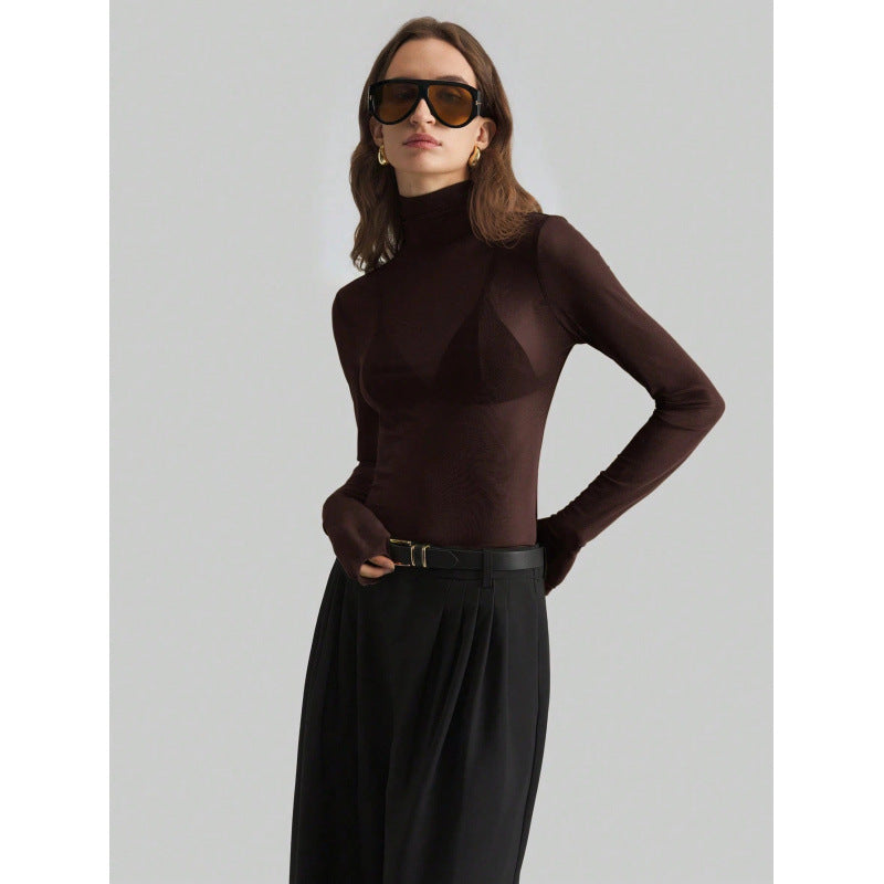 Damen Elegantes langärmliges transparentes Oberteil mit hohem Kragen EB
