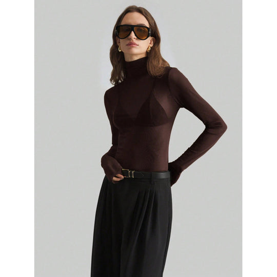 Damen Elegantes langärmliges transparentes Oberteil mit hohem Kragen EB