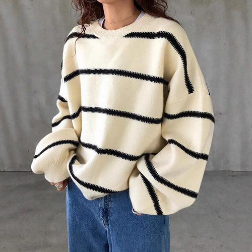 Damen Oversized Strickpullover mit trendigem Streifenmuster und lässiger Passform EB