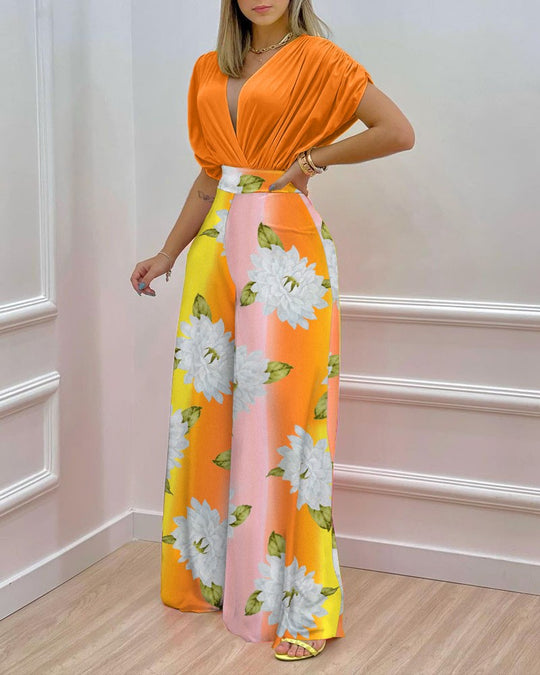 Damen Blusenset mit weitem Hosenbein und floralem Print EB