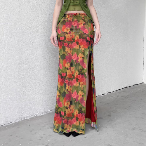 Damen Maxi-Rock mit floralem Chiffon-Design und seitlichem Schlitz EB
