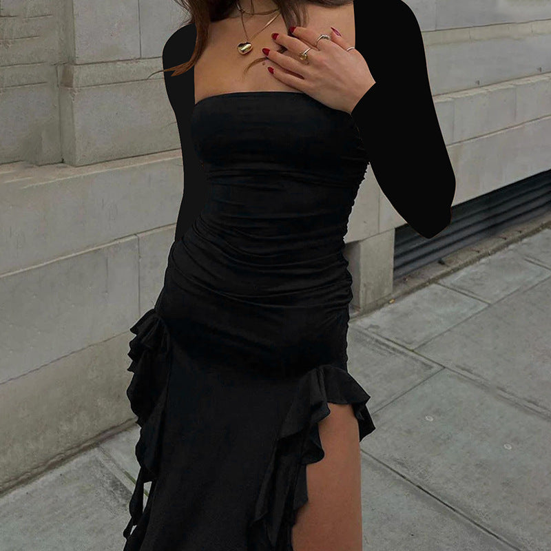 Damen elegantes und figurbetontes Abendkleid mit Rüschen und abgestimmtem Oberteil EB