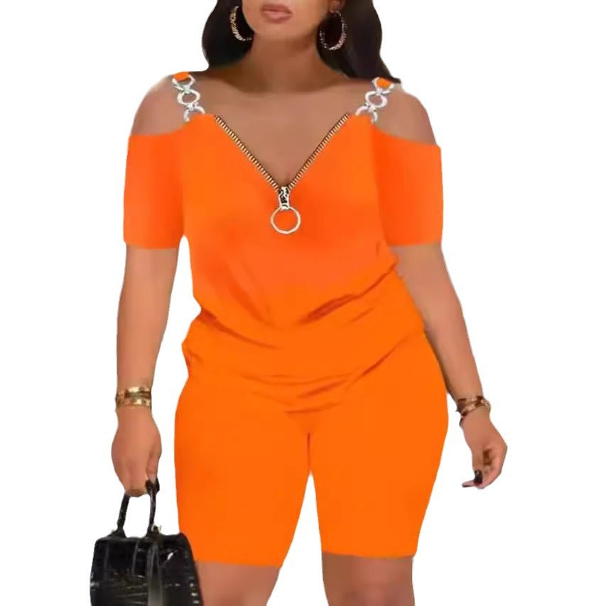 Damen Modischer Jumpsuit mit Off-Shoulder-Ausschnitt und Reißverschluss EB