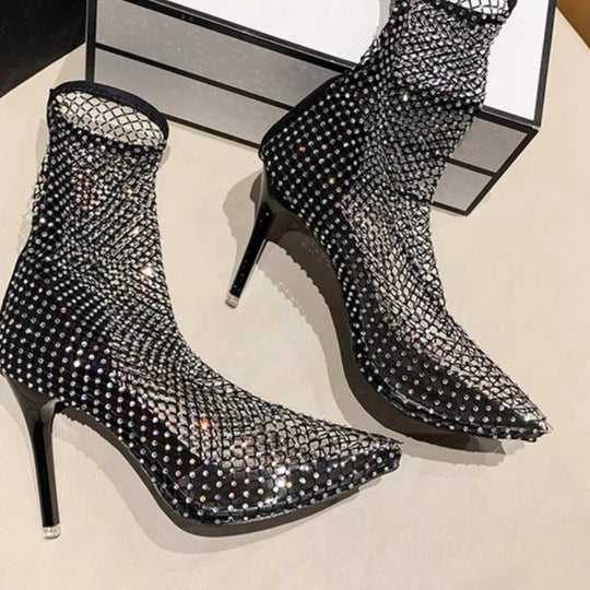 Damen spitze Netz High Heel Stiefeletten mit funkelnden Details EB