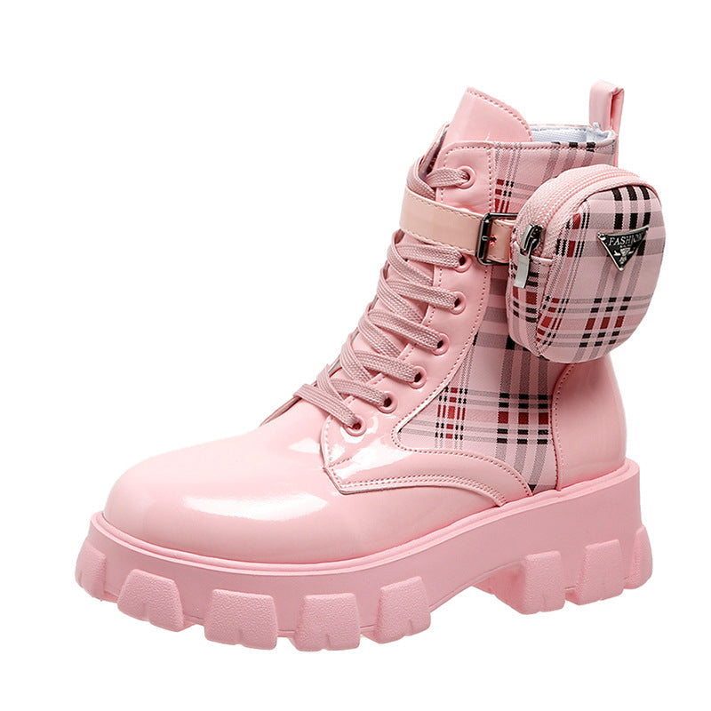 Damen modische Schnürstiefel mit seitlicher Tasche und blockartigem Absatz EB