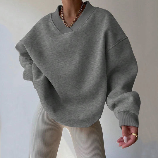 Damen Oversized V-Ausschnitt Sweatshirt mit verstärktem Rippkragen und extraweitem Cut EB