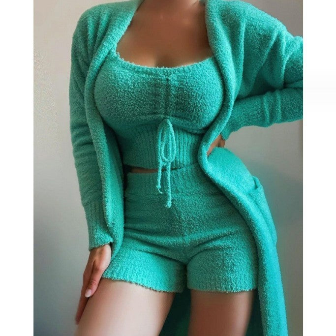 Damen nan luxuriöses Teddy-Fleece Lounge-Set mit Longcardigan, gerafftem Cropped-Bustier und Highwaist-Hose EB