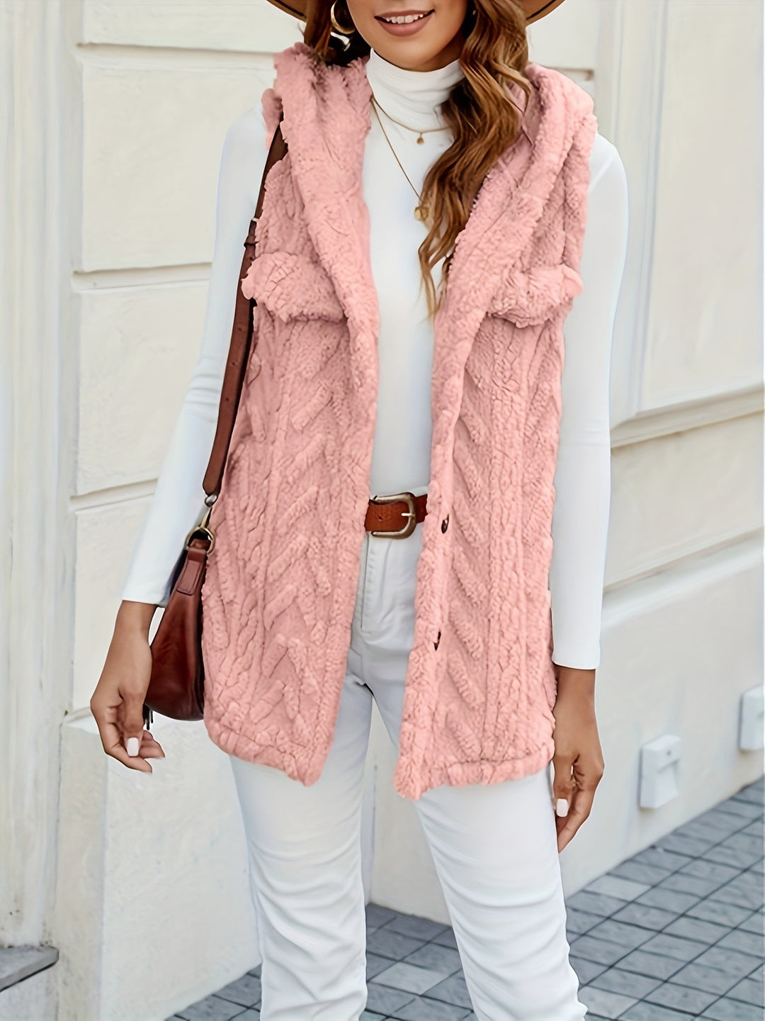 Damen lange Strickweste mit kapuze und aufgesetzten Taschen EB