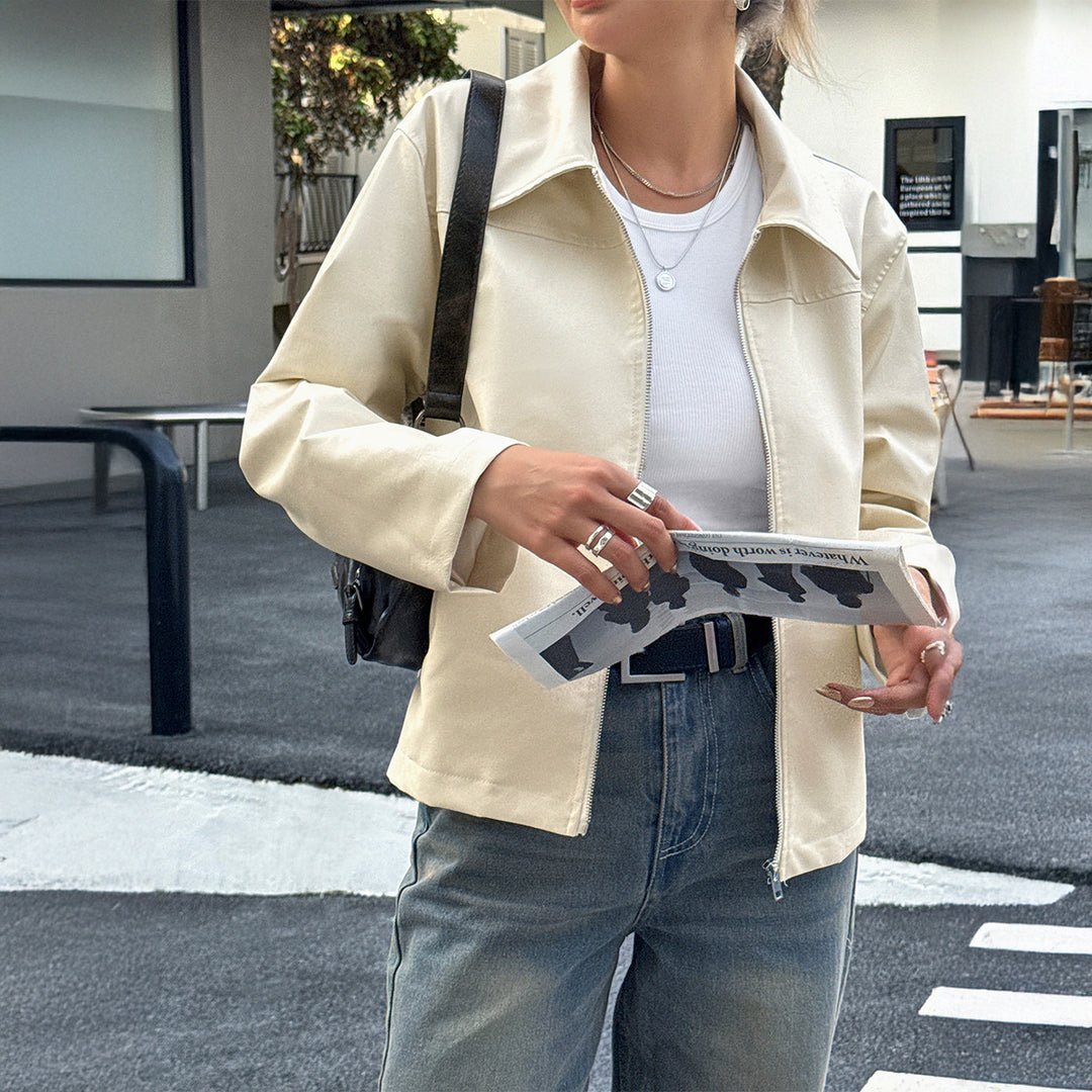 Damen nan elegante Kunstlederjacke mit Reißverschluss, Hemdkragen und Eingrifftaschen EB