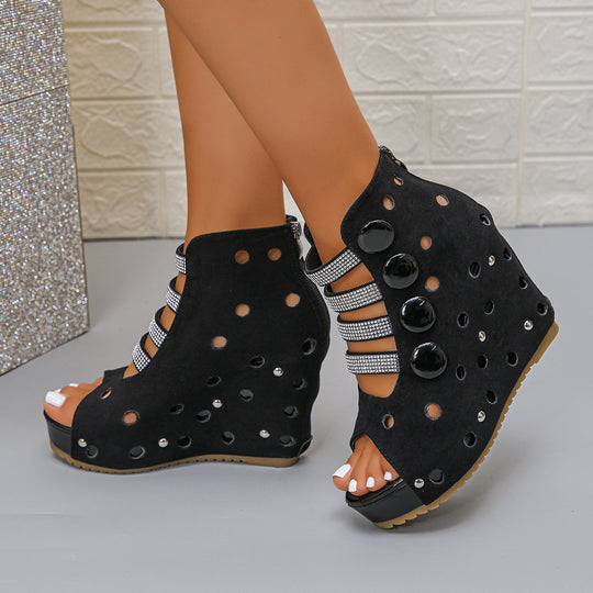 Damen Wedge-Sandalen mit modischem Lochdesign und glitzernden Applikationen EB