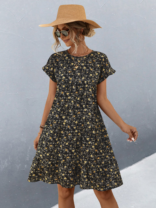 Damen Freizeitkleid mit voluminösem Rock und floralem Design EB