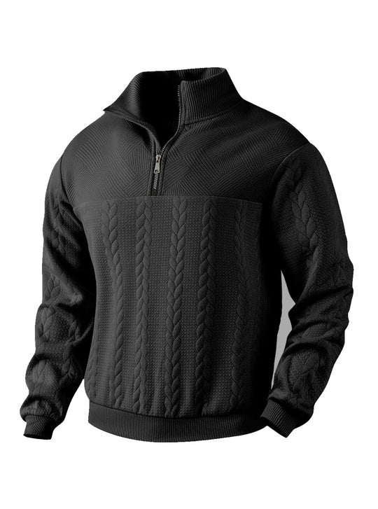 Herren nan texturierter Strickpullover mit Halbzip, geflochtenem Zopfmuster und hohem Stehkragen EB