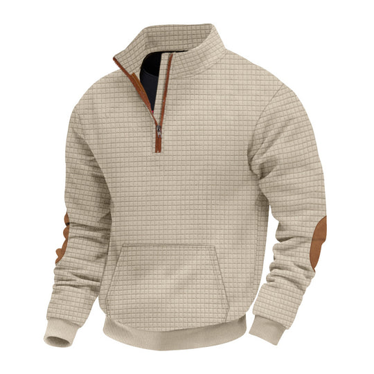 Herren nan gesteppter Halbzip Pullover mit Reißverschlusskragen und Kunstleder-Ellbogenpatches EB