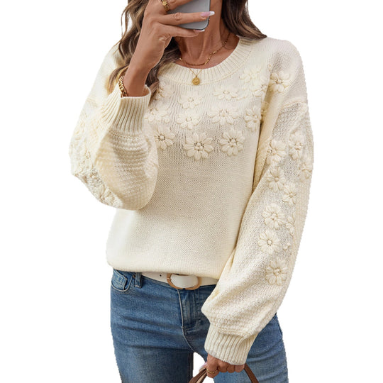Damen modischer Pullover mit floralen Stickereien und strukturiertem Ärmel EB