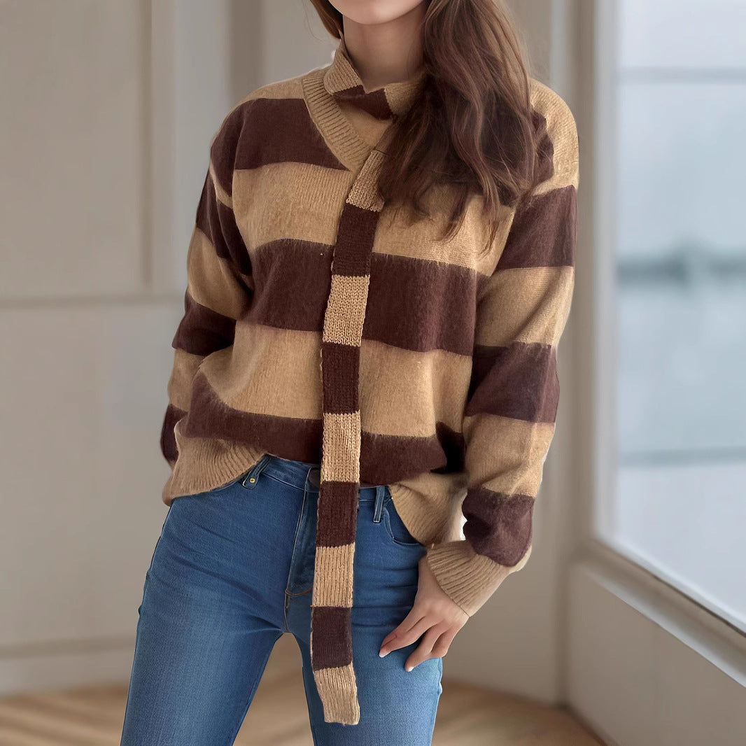 Damen lässiger Strickpullover mit modernem Streifenmuster und dekorativem Schal EB