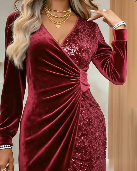 Damen Glamouröses Wickelkleid mit Pailletten und schimmernden Details EB