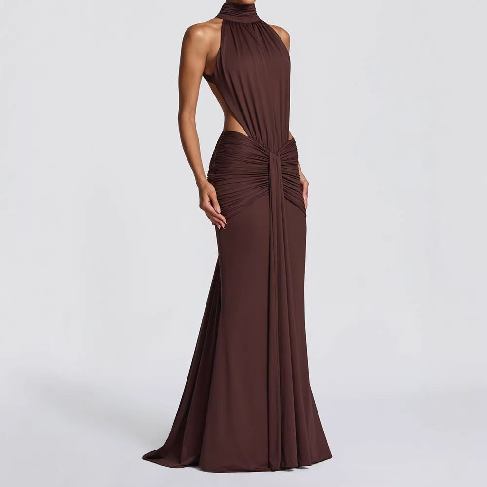 Damen Elegantes Maxikleid mit drapiertem Vorderteil und hochgeschlossenem Design EB