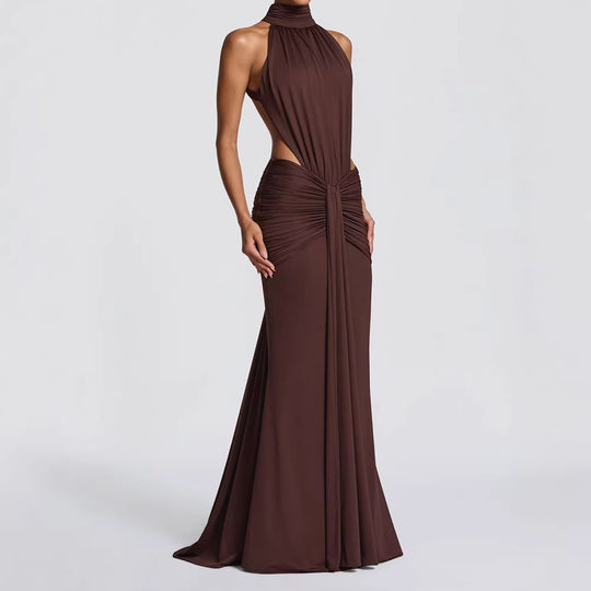Damen Elegantes Maxikleid mit drapiertem Vorderteil und hochgeschlossenem Design EB