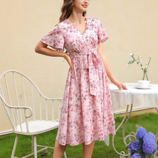 Damen Blütenmuster Wickelkleid mit Taillengürtel EB