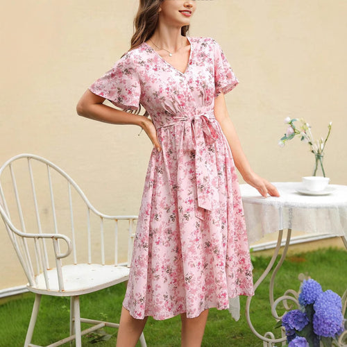 Damen Blütenmuster Wickelkleid mit Taillengürtel EB